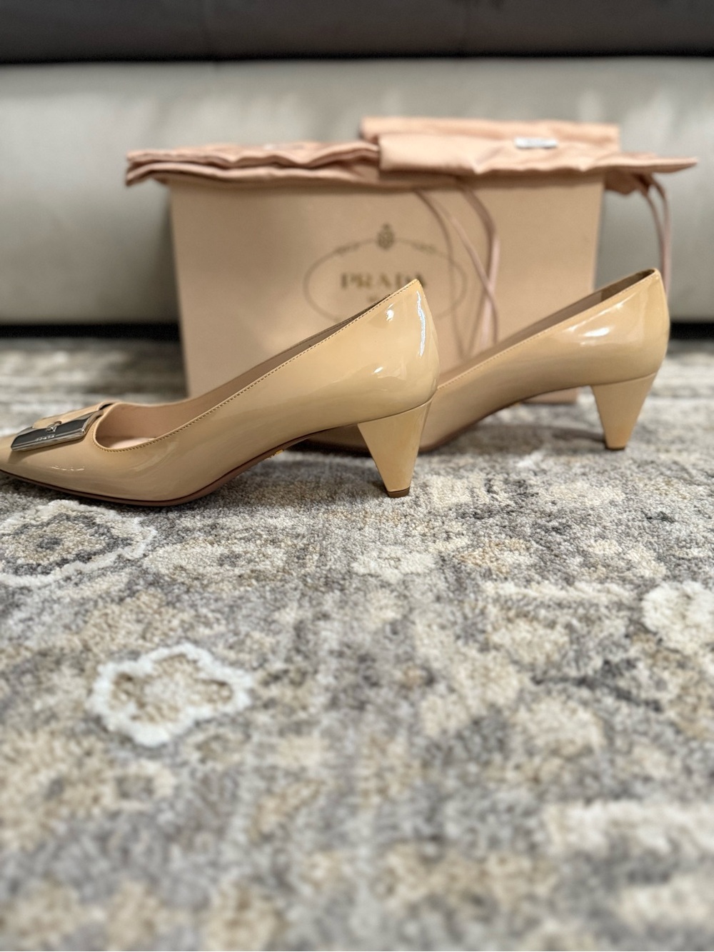 Prada Nude Patent Leather Square-Toe Ballet Heels with Silver Accent - Picture 6 of 10